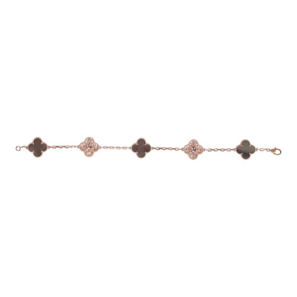 Van Cleef & Arpels Vintage Alhambra 18k Rose Gold 5 Motif Grey Mother of Pearl and Diamond Bracelet Online now