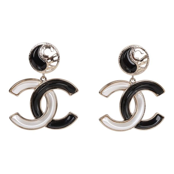 Chanel Black and White Enamel CC Logo Earrings For Cheap