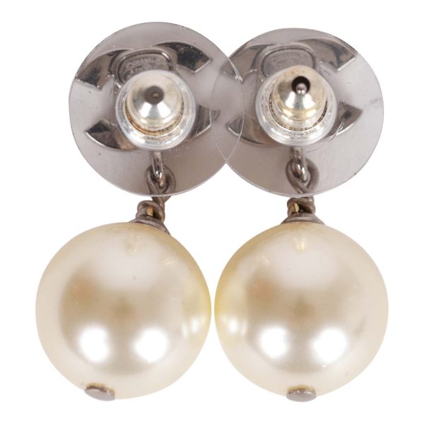 Chanel Silver CC Faux Crystal Pearl Drop Earrings Hot on Sale