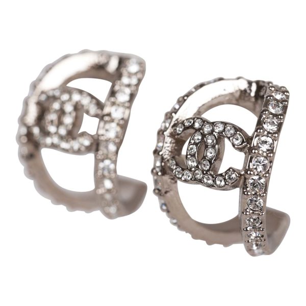 Chanel CC Huggie Silver and Crystal C Hoop Earrings Online now