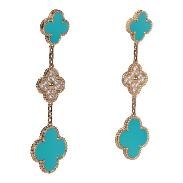 Van Cleef & Arpels Magic Alhambra Turquoise 18K Yellow Gold Diamond Drop Earrings Online Sale