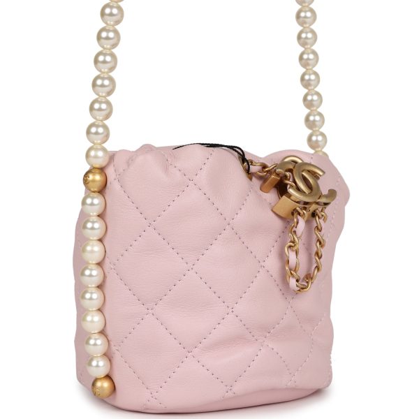 Chanel  About Pearls  Mini Drawstring Bucket Bag Pink Calfskin Brushed Gold Hardware Online Hot Sale