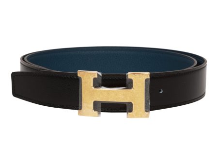 Hermes 32mm Reversible Black Bleu de Prusse Constance H Belt 95cm Martelee Gold Buckle For Sale