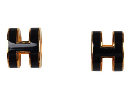 Hermes Mini Pop H Earrings Black Enamel Gold Hardware on Sale