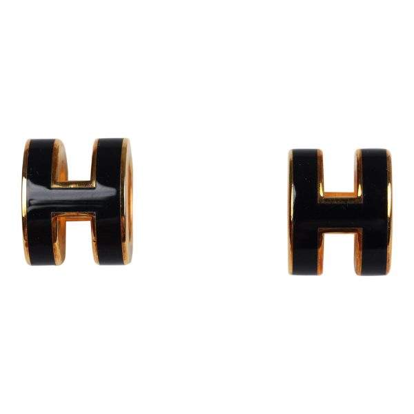 Hermes Mini Pop H Earrings Black Enamel Gold Hardware on Sale