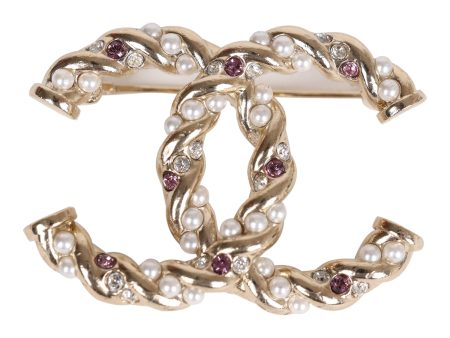 Chanel Twisted CC Crystal and Faux Pearl Brooch Light Pink Gold Metal Sale