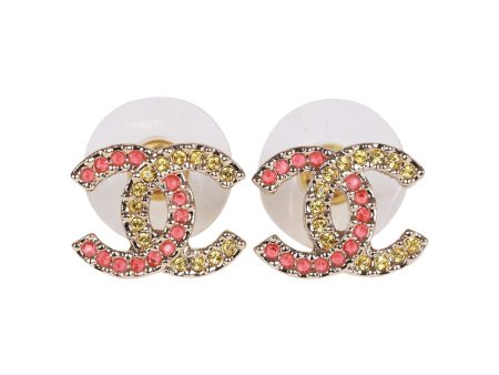 Chanel Pink and Gold Crystal CC Earrings For Discount