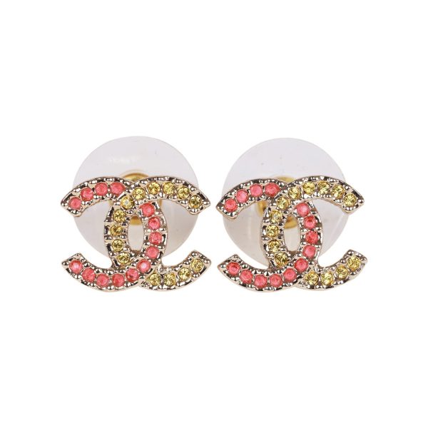 Chanel Pink and Gold Crystal CC Earrings For Discount