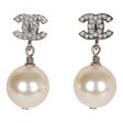 Chanel Silver CC Faux Crystal Pearl Drop Earrings Hot on Sale