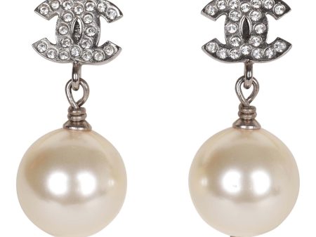 Chanel Silver CC Faux Crystal Pearl Drop Earrings Hot on Sale