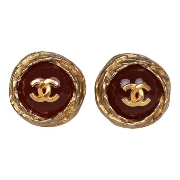 Vintage Chanel 24K Gold Plated CC Red Gripoix Stud Earrings For Cheap