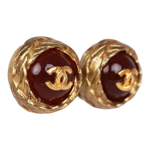 Vintage Chanel 24K Gold Plated CC Red Gripoix Stud Earrings For Cheap