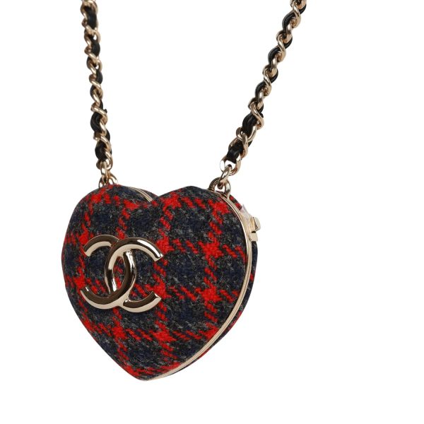 Chanel Red and Blue Plaid Heart Necklace Locket Light Gold Hardware Fashion