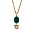 Vintage Chanel Gold Plated Hanging Green Gripoix and CC Pendant Necklace Online now