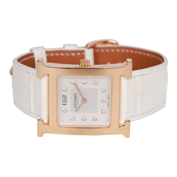 Hermes Small Heure H Watch Rose Gold White Matte Alligator Band Online now