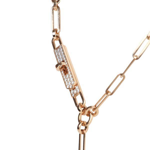 Hermes Kelly Chaine Lariat Necklace PM Diamonds 18K Rose Gold Hardware For Cheap