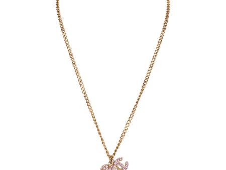 Vintage Chanel Gold Plated Pink Rhinestone CC Heart Pendant Necklace For Cheap