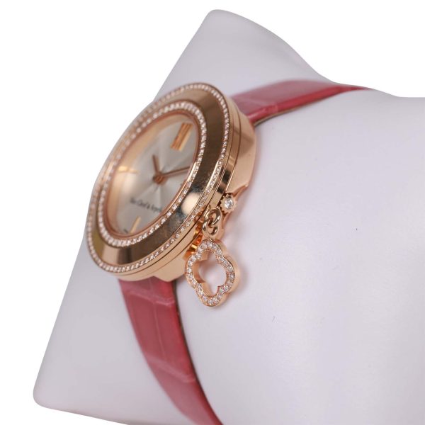 Pre-owned Van Cleef & Arpels Diamond Charm Watch Rose Gold and Pink Alligator For Sale