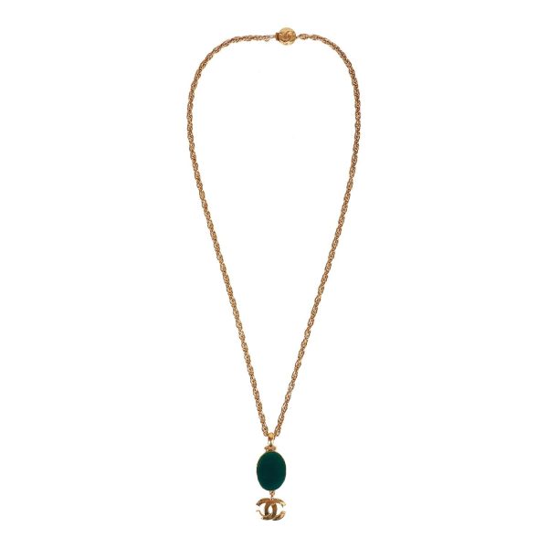 Vintage Chanel Gold Plated Hanging Green Gripoix and CC Pendant Necklace Online now