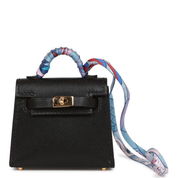 Hermes Black Tadelakt Mini Kelly Twilly Bag Charm For Sale