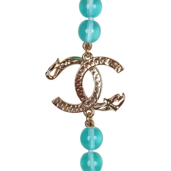 Chanel Teal Gripoix Beaded Necklace Gold Metal and White Strass CC Logos Supply