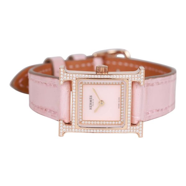 Hermes Rose Pale and Rose Opal Matte Alligator Heure H XS Diamond Watch For Sale