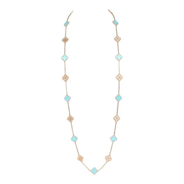 Van Cleef & Arpels Vintage Alhambra Diamond and Turquoise 20 Motif Necklace For Discount