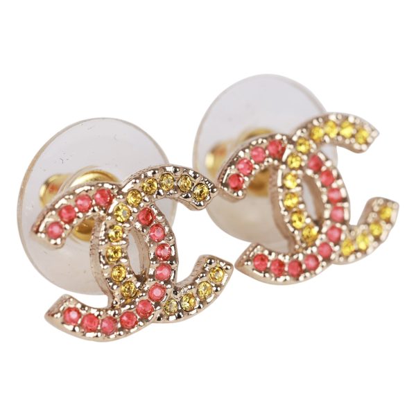 Chanel Pink and Gold Crystal CC Earrings For Discount