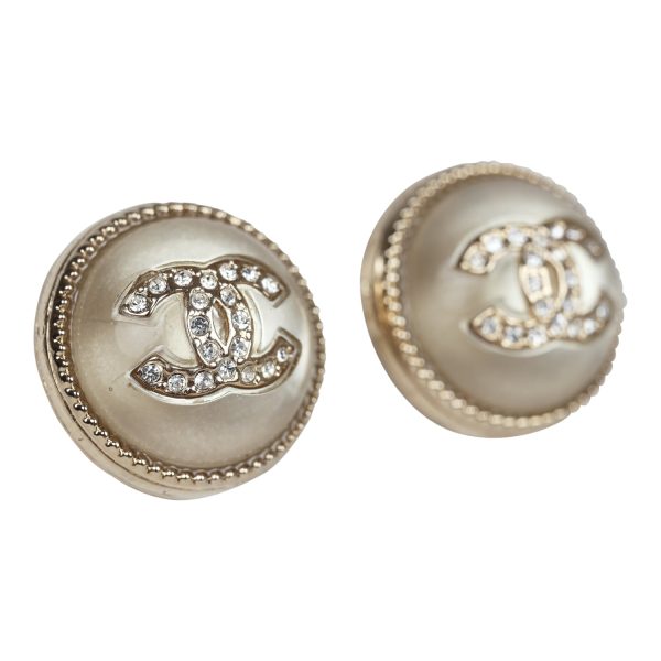 Chanel Crystal CC Round Pearl Button Earrings Light Gold Hardware Online