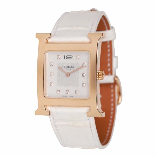 Hermes Small Heure H Watch Rose Gold White Matte Alligator Band Online now