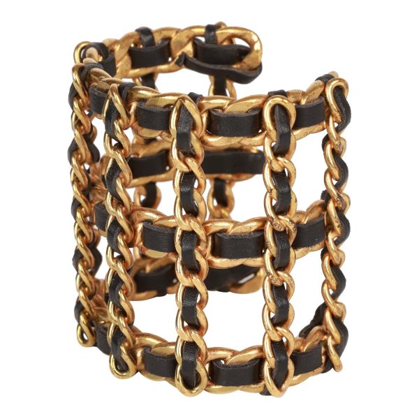 Vintage Chanel Gold Chain and Black Leather Cuff Bracelet For Sale