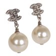 Chanel Silver CC Faux Crystal Pearl Drop Earrings Hot on Sale