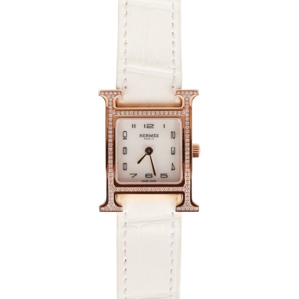 Hermes Mini H Hour Diamond Watch White Matte Alligator Band Sale