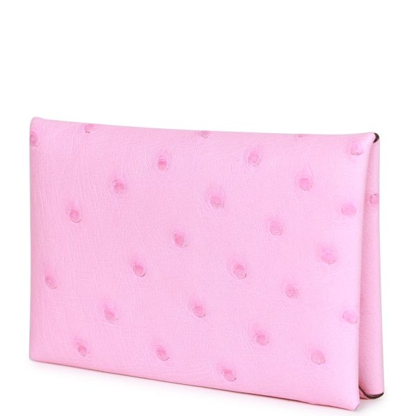 Hermes Calvi Card Holder Bubblegum Ostrich Palladium Hardware Online Sale