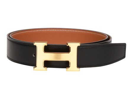 Hermes 32mm Reversible Black Gold Constance H Belt 85cm Brushed Gold Buckle For Discount