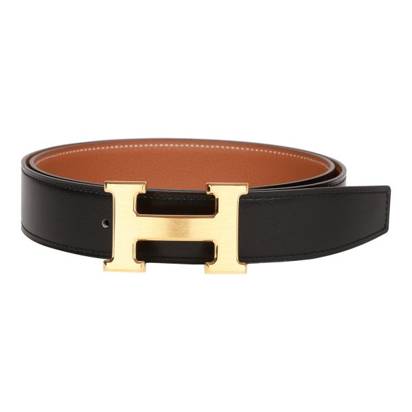 Hermes 32mm Reversible Black Gold Constance H Belt 85cm Brushed Gold Buckle For Discount