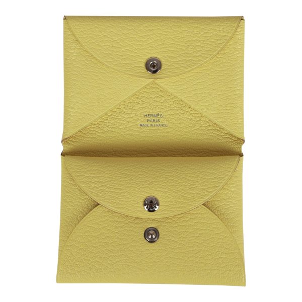 Hermes Calvi Duo Compact Card Holder Limoncello Chevre Mysore Palladium Hardware Supply