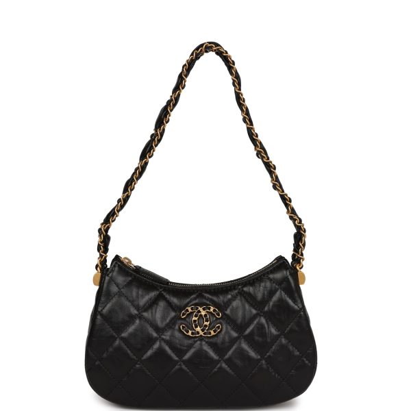 Chanel 19 Hobo Bag Black Aged Calfskin Brushed Gold Hardware Cheap