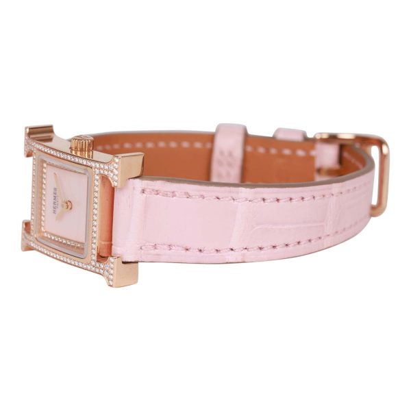 Hermes Rose Pale and Rose Opal Matte Alligator Heure H XS Diamond Watch For Sale