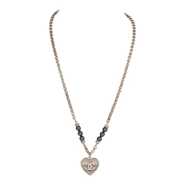 Chanel Black and Silver CC Crystal Heart Pendant Necklace Supply