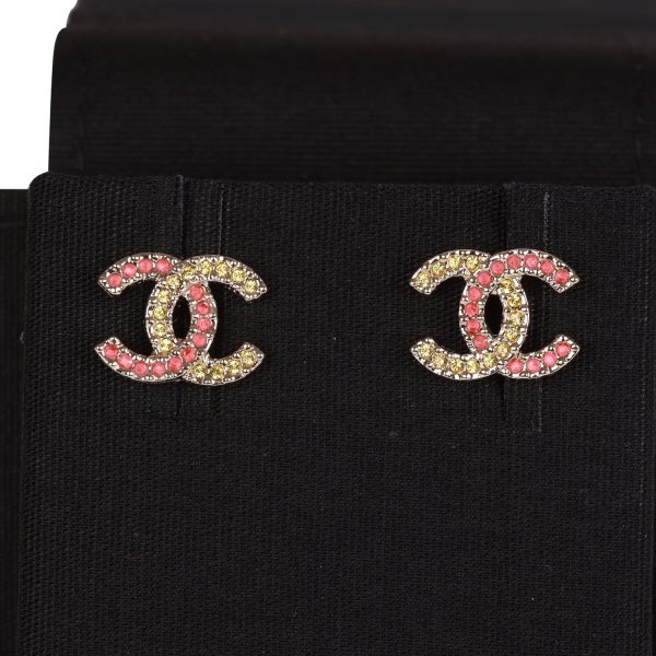 Chanel Pink and Gold Crystal CC Earrings For Discount