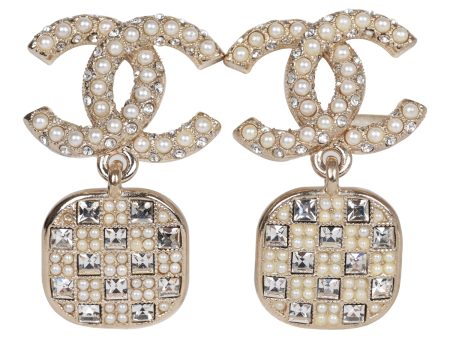 Chanel CC Faux Pearl Crystal Square Drop Earrings Supply