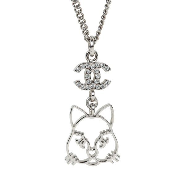 Chanel Silver CC Crystal Choupette Cat Emoji Pendant Necklace Hot on Sale