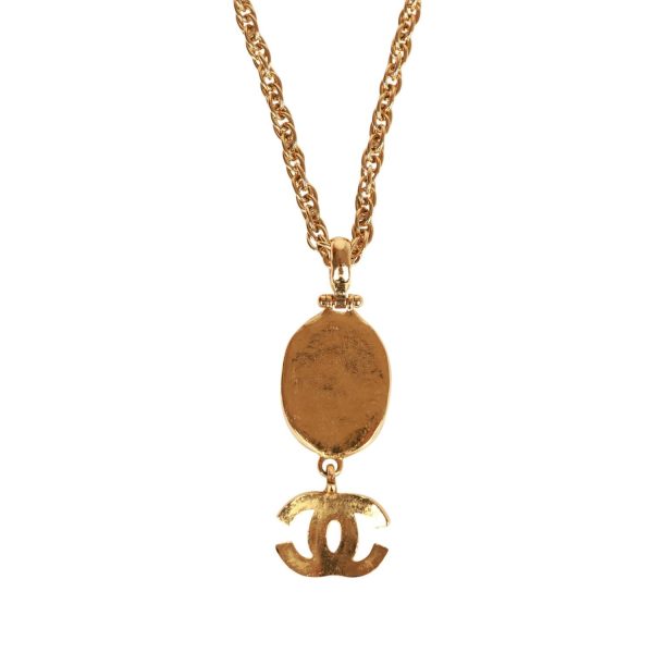 Vintage Chanel Gold Plated Hanging Green Gripoix and CC Pendant Necklace Online now