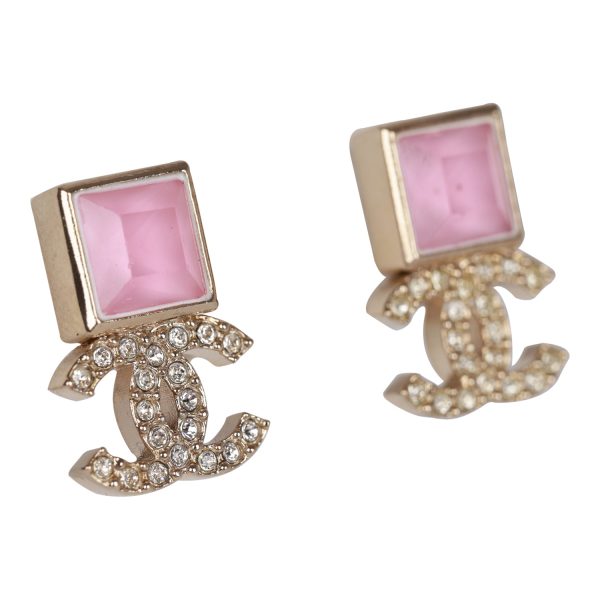 Chanel CC Pink Square Crystal Stud Earrings Discount