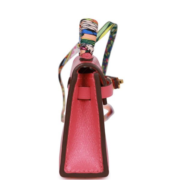 Hermes Mini Kelly Twilly Bag Charm Rose Lipstick Tadelakt Gold Hardware on Sale