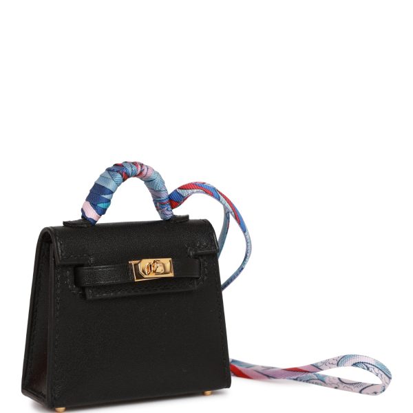 Hermes Black Tadelakt Mini Kelly Twilly Bag Charm For Sale