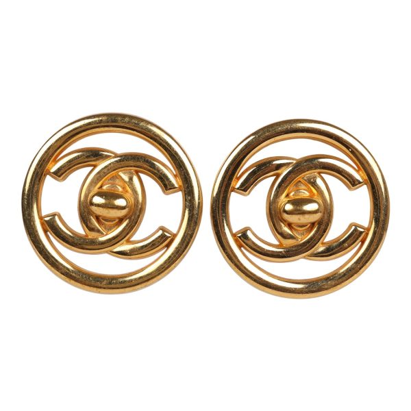 Vintage Chanel 24K Gold Plated CC Circle Turnlock Earrings Online now