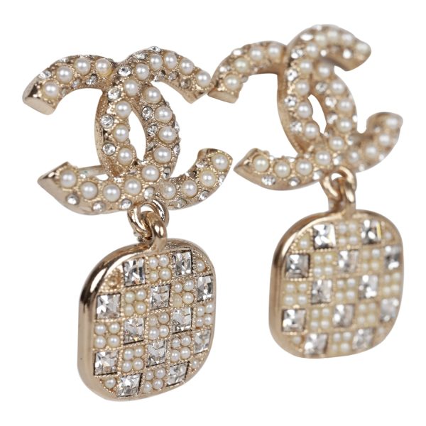 Chanel CC Faux Pearl Crystal Square Drop Earrings Supply