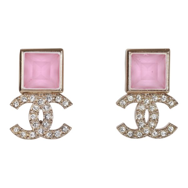 Chanel CC Pink Square Crystal Stud Earrings Discount